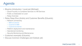 Agenda
• Bluemix Introduction / Level-set (Michael)
– Cloud Foundry vs Container Services vs VM Services
– Public vs Dedicated vs Local
– Relay Overview
• Relay Deep Dive (Andre) and Customer Benefits (Eduardo)
– Network connectivity
• IBM-to-Customer
• Customer-to-IBM
• Customer-to-Internet
– Platform deployment and maintenance
– Operational monitoring
– Security Monitoring and Maintenance
• Customer examples (Eduardo)
• Discuss Common Challenges and Outlook (all)
2
 