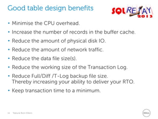 Good table design benefits
• Minimise the CPU overhead.
• Increase the number of records in the buffer cache.
• Reduce the amount of physical disk IO.

• Reduce the amount of network traffic.
• Reduce the data file size(s).
• Reduce the working size of the Transaction Log.

• Reduce Full/Diff /T-Log backup file size.
Thereby increasing your ability to deliver your RTO.
• Keep transaction time to a minimum.

14

Natural Born Killers

 