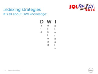 Indexing strategies
It’s all about DWI knowledge:

D W I
a
t
a

22

Natural Born Killers

o
r
k
l
o
a
d

n
t
e
r
n
a
l
s

 