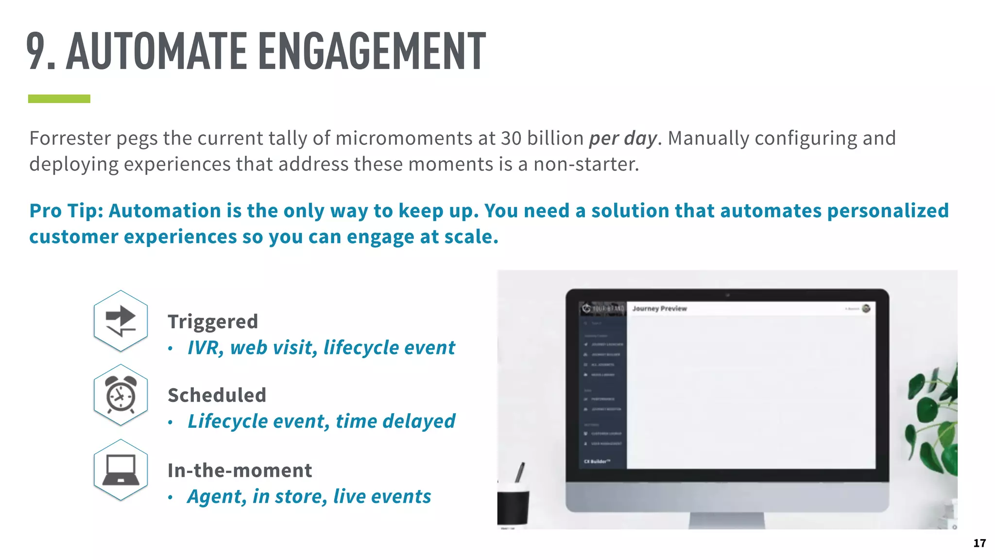 Forrester pegs the current tally of micromoments at 30 billion per day. Manually configuring and
deploying experiences that address these moments is a non-starter.
Pro Tip: Automation is the only way to keep up. You need a solution that automates personalized
customer experiences so you can engage at scale.
9. AUTOMATE ENGAGEMENT
Triggered
• IVR, web visit, lifecycle event
Scheduled
• Lifecycle event, time delayed
In-the-moment
• Agent, in store, live events
17
 