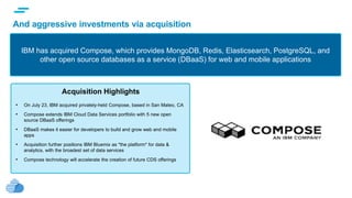 text
And aggressive investments via acquisition
• On July 23, IBM acquired privately-held Compose, based in San Mateo, CA
• Compose extends IBM Cloud Data Services portfolio with 5 new open
source DBaaS offerings
• DBaaS makes it easier for developers to build and grow web and mobile
apps
• Acquisition further positions IBM Bluemix as *the platform* for data &
analytics, with the broadest set of data services
• Compose technology will accelerate the creation of future CDS offerings
Acquisition Highlights
IBM has acquired Compose, which provides MongoDB, Redis, Elasticsearch, PostgreSQL, and
other open source databases as a service (DBaaS) for web and mobile applications
 