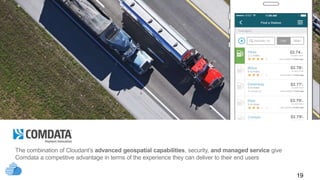 text
The combination of Cloudant’s advanced geospatial capabilities, security, and managed service give
Comdata a competitive advantage in terms of the experience they can deliver to their end users
19
 