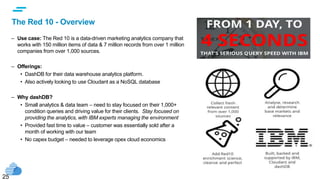 text
The Red 10 - Overview
– Use case: The Red 10 is a data-driven marketing analytics company that
works with 150 million items of data & 7 million records from over 1 million
companies from over 1,000 sources.
– Offerings:
• DashDB for their data warehouse analytics platform.
• Also actively looking to use Cloudant as a NoSQL database
– Why dashDB?
• Small analytics & data team – need to stay focused on their 1,000+
condition queries and driving value for their clients. Stay focused on
providing the analytics, with IBM experts managing the environment
• Provided fast time to value – customer was essentially sold after a
month of working with our team
• No capex budget – needed to leverage opex cloud economics
25
 