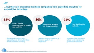 text
…but there are obstacles that keep companies from exploiting analytics for
competitive advantage
Source: Analytics: The New Path to Value, a joint MIT Sloan Management Review and IBM Institute for Business Value study. Copyright © Massachusetts Institute of Technology
have a limited
understanding of how to
use analytics
38%
Self-service analytics and
expectations to drive better data-
driven decisions are rising
of the time is spent
on data preparation
80%
Making decisions rapidly is no
longer a goal; it’s an
imperative
find it difficult to
get data
24%
Access to data sources is
critical while maintaining
governance standards
 