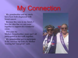 My Connection
My   grandmother and my uncle
have been both diagnosed with
breast cancer.
Because this runs in my family I
love the idea that we can come
together to support this wonderful
cause.
This year my
Mother, Grandmother, sister and I all
participated in this walk together.
My grandmother got to participate
in the survivor lap with my Mother
wearing her “caregiver” sash.
 