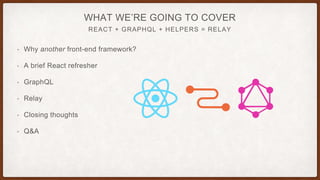 REACT + GRAPHQL + HELPERS = RELAY
WHAT WE’RE GOING TO COVER
• Why another front-end framework?
• A brief React refresher
• GraphQL
• Relay
• Closing thoughts
• Q&A
 