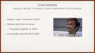 MAGICAL BOXES TO HANDLE YOUR COMPONENT’S DATA NEEDS
CONTAINERS
• Wraps a “plain” component (HOC)
• Fetches data from the server
• Translates GraphQL to JSON
• Composable (KILLER FEATURE)
 