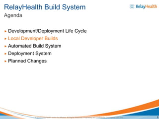 RelayHealth Build System
Agenda

   Development/Deployment Life Cycle
   Local Developer Builds
   Automated Build System
   Deployment System
   Planned Changes




               © 2011 RelayHealth and/or its affiliates. All Rights Reserved. Proprietary and Confidential. For Internal Use Only.   5
 