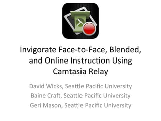 Invigorate	
  Face-­‐to-­‐Face,	
  Blended,	
  	
  
   and	
  Online	
  Instruc6on	
  Using	
  
            Camtasia	
  Relay	
  
   David	
  Wicks,	
  Sea@le	
  Paciﬁc	
  University	
  
   Baine	
  CraC,	
  Sea@le	
  Paciﬁc	
  University	
  
   Geri	
  Mason,	
  Sea@le	
  Paciﬁc	
  University	
  
 