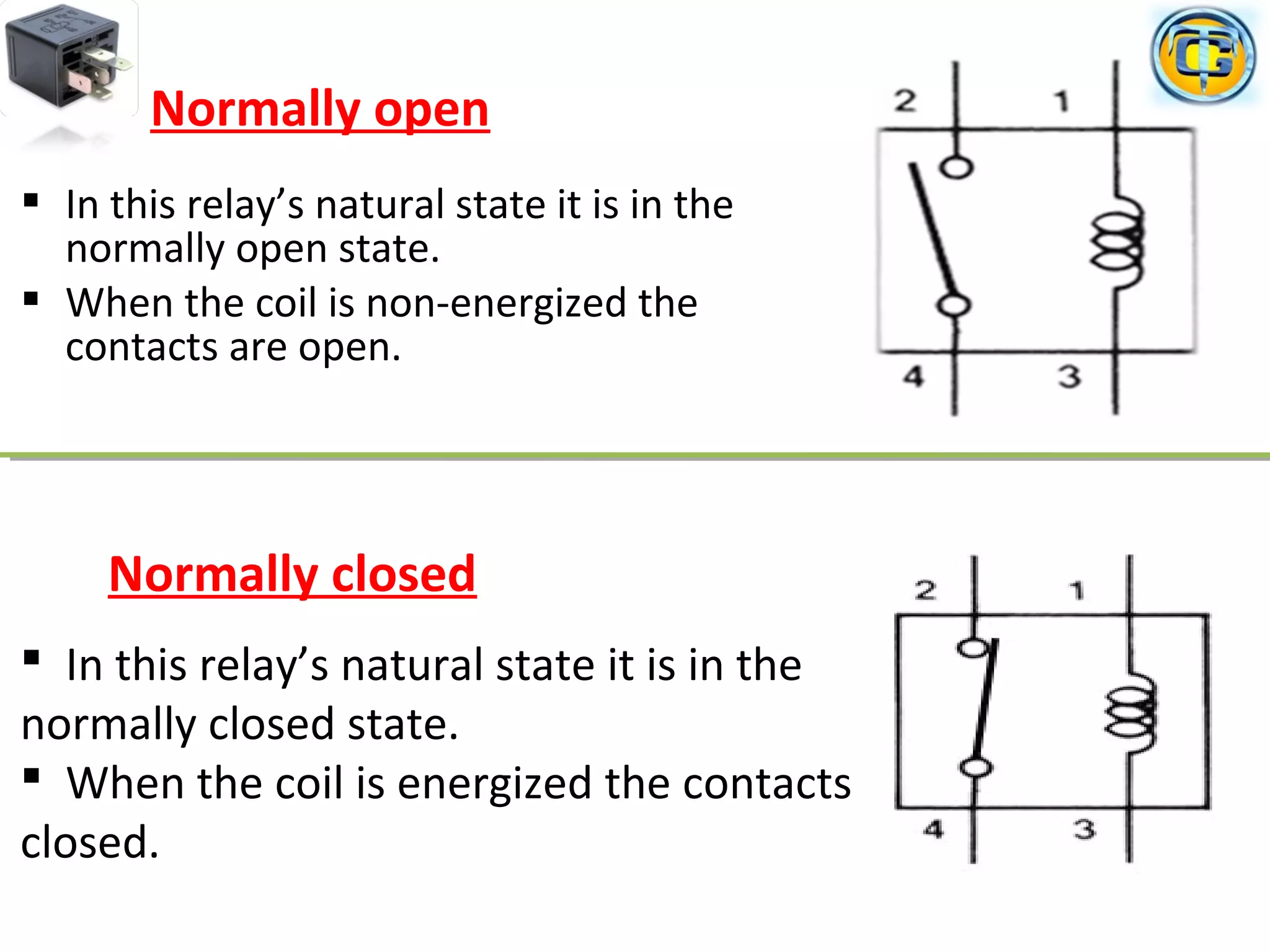  In this relay’s natural state it is in the
normally open state.
 When the coil is non-energized the
contacts are open.
Normally open
Normally closed
 In this relay’s natural state it is in the
normally closed state.
 When the coil is energized the contacts
closed.
 