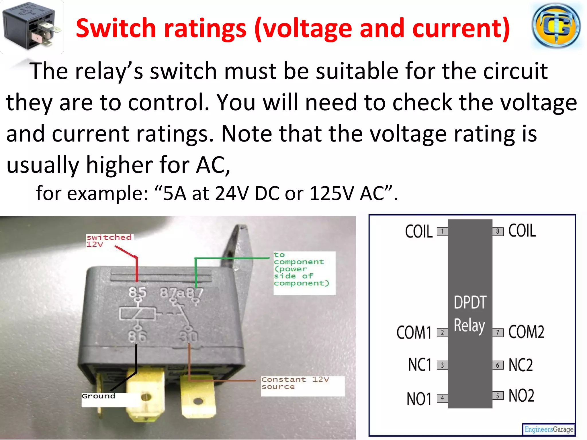 Switch ratings (voltage and current)
The relay’s switch must be suitable for the circuit
they are to control. You will need to check the voltage
and current ratings. Note that the voltage rating is
usually higher for AC,
for example: “5A at 24V DC or 125V AC”.
 