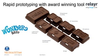 © 2015 relayr Inc.IoTW 2015 www.relayr.io
bring things to life
Rapid prototyping with award winning tool
http://bit.ly/1ET7qad
 