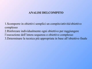ANALISI DELCOMPITO
1.Scomporre in obiettivi semplici un compito/attività/obiettivo
complesso
2.Rinforzare individualmente ogni obiettivo per raggiungere
l’esecuzione dell’intera sequenza o obiettivo complesso
3.Determinare la tecnica più appropriata in base all’obiettivo finale
 
