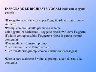INSEGNARE LE RICHIESTE VOCALI (solo con soggetti
ecoici)
•Il soggetto mostra interesse per l’oggetto (da utilizzare come
rinforzo)
•Prompt ecoico (l’adulto pronuncia il nome
dell’oggetto)Richiesta (il soggetto ripete)Riceve l’oggetto
(l’adulto consegna subito l’oggetto e ripete la parola mentre
consegna)
•Due modi per sfumare il prompt:
Per tempo (ritardo l’aiuto ecoico)
Per transfer (no prompt ecoicorichiestaconsegna)
•Dire la parola almeno 3 volte: al prompt, alla richiesta, alla
consegna
 