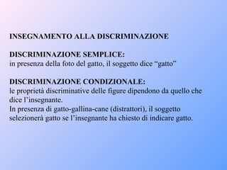 INSEGNAMENTO ALLA DISCRIMINAZIONE
DISCRIMINAZIONE SEMPLICE:
in presenza della foto del gatto, il soggetto dice “gatto”
DISCRIMINAZIONE CONDIZIONALE:
le proprietà discriminative delle figure dipendono da quello che
dice l’insegnante.
In presenza di gatto-gallina-cane (distrattori), il soggetto
selezionerà gatto se l’insegnante ha chiesto di indicare gatto.
 
