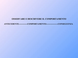 OSSERVARE E DESCRIVERE IL COMPORTAMENTO
ANTECEDENTE-------------COMPORTAMENTO------------------CONSEGUENZA
 