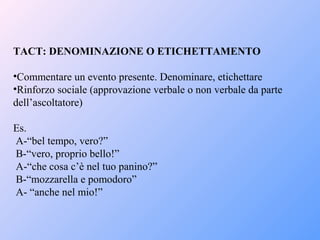 TACT: DENOMINAZIONE O ETICHETTAMENTO
•Commentare un evento presente. Denominare, etichettare
•Rinforzo sociale (approvazione verbale o non verbale da parte
dell’ascoltatore)
Es.
A-“bel tempo, vero?”
B-“vero, proprio bello!”
A-“che cosa c’è nel tuo panino?”
B-“mozzarella e pomodoro”
A- “anche nel mio!”
 