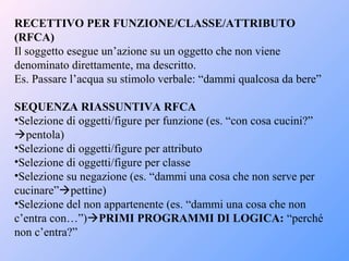 RECETTIVO PER FUNZIONE/CLASSE/ATTRIBUTO
(RFCA)
Il soggetto esegue un’azione su un oggetto che non viene
denominato direttamente, ma descritto.
Es. Passare l’acqua su stimolo verbale: “dammi qualcosa da bere”
SEQUENZA RIASSUNTIVA RFCA
•Selezione di oggetti/figure per funzione (es. “con cosa cucini?”
pentola)
•Selezione di oggetti/figure per attributo
•Selezione di oggetti/figure per classe
•Selezione su negazione (es. “dammi una cosa che non serve per
cucinare”pettine)
•Selezione del non appartenente (es. “dammi una cosa che non
c’entra con…”)PRIMI PROGRAMMI DI LOGICA: “perché
non c’entra?”
 