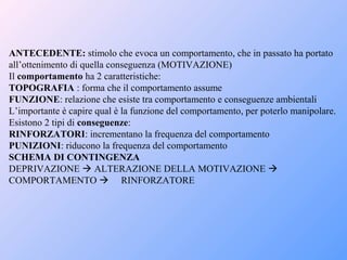 ANTECEDENTE: stimolo che evoca un comportamento, che in passato ha portato
all’ottenimento di quella conseguenza (MOTIVAZIONE)
Il comportamento ha 2 caratteristiche:
TOPOGRAFIA : forma che il comportamento assume
FUNZIONE: relazione che esiste tra comportamento e conseguenze ambientali
L’importante è capire qual è la funzione del comportamento, per poterlo manipolare.
Esistono 2 tipi di conseguenze:
RINFORZATORI: incrementano la frequenza del comportamento
PUNIZIONI: riducono la frequenza del comportamento
SCHEMA DI CONTINGENZA
DEPRIVAZIONE  ALTERAZIONE DELLA MOTIVAZIONE 
COMPORTAMENTO  RINFORZATORE
 