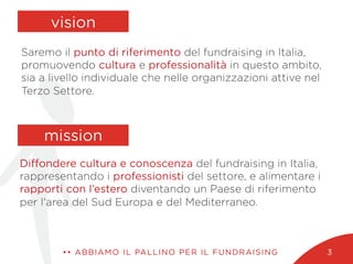 vision
•• ABBIAMO IL PALLINO PER IL FUNDRAISING
Saremo il punto di riferimento del fundraising in Italia,
promuovendo cultura e professionalità in questo ambito,
sia a livello individuale che nelle organizzazioni attive nel
Terzo Settore.
mission
Diﬀondere cultura e conoscenza del fundraising in Italia,
rappresentando i professionisti del settore, e alimentare i
rapporti con l’estero diventando un Paese di riferimento
per l'area del Sud Europa e del Mediterraneo.
3
 