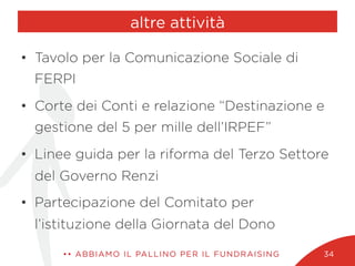 altre attività
•  Tavolo per la Comunicazione Sociale di
FERPI
•  Corte dei Conti e relazione “Destinazione e
gestione del 5 per mille dell’IRPEF”
•  Linee guida per la riforma del Terzo Settore
del Governo Renzi
•  Partecipazione del Comitato per
l’istituzione della Giornata del Dono
•• ABBIAMO IL PALLINO PER IL FUNDRAISING 34
 