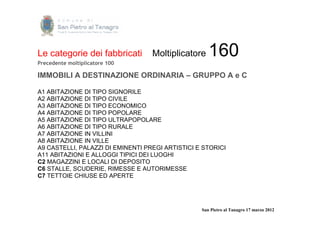 Le categorie dei fabbricati
Precedente moltiplicatore 100
                                   Moltiplicatore    160
IMMOBILI A DESTINAZIONE ORDINARIA – GRUPPO A e C

A1 ABITAZIONE DI TIPO SIGNORILE
A2 ABITAZIONE DI TIPO CIVILE
A3 ABITAZIONE DI TIPO ECONOMICO
A4 ABITAZIONE DI TIPO POPOLARE
A5 ABITAZIONE DI TIPO ULTRAPOPOLARE
A6 ABITAZIONE DI TIPO RURALE
A7 ABITAZIONE IN VILLINI
A8 ABITAZIONE IN VILLE
A9 CASTELLI, PALAZZI DI EMINENTI PREGI ARTISTICI E STORICI
A11 ABITAZIONI E ALLOGGI TIPICI DEI LUOGHI
C2 MAGAZZINI E LOCALI DI DEPOSITO
C6 STALLE, SCUDERIE, RIMESSE E AUTORIMESSE
C7 TETTOIE CHIUSE ED APERTE




                                                  San Pietro al Tanagro 17 marzo 2012
 