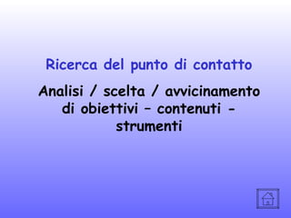 Ricerca del punto di contatto
Analisi / scelta / avvicinamento
di obiettivi – contenuti strumenti

 