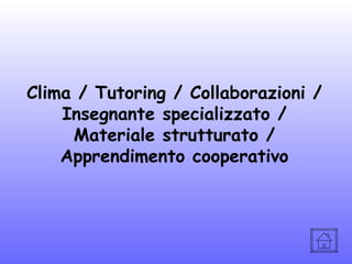 Clima / Tutoring / Collaborazioni /
Insegnante specializzato /
Materiale strutturato /
Apprendimento cooperativo

 