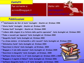 Contatti
Puoi scrivermi a:

Visita i siti:

scrivimi@magigum.it

www.magigum.it

carloscataglini@magigum.it

www.carloscataglini.it

Pubblicazioni
“Adattamento

dei libri di testo” Scataglini – Giustini ed. Erickson 1998

“Storia facile” Scataglini – Giustini ed. Erickson 1999
“Scienze facili” Scataglini – Giustini ed. Erickson 2000
“L’albero delle stagioni & La fattoria delle quattro operazioni” Carlo Scataglini ed. Erickson 2001
“Fiabe e racconti per imparare” Carlo Scataglini ed. Erickson 2002
“Geografia facile” Carlo Scataglini ed. Erickson 2002
“Lo strano mistero di Cartoonville e altri racconti” Carlo Scataglini ed. Erickson 2003
“Informatica facile” Carlo Scataglini ed. Erickson 2003
“Esercitarsi in Storia” Carlo Scataglini, ed Erickson, 2004
“Magigum e il volo delle emozioni” Carlo Scataglini ed. Erickson 2005
“Esercitarsi in Geografia” Carlo Scataglini, ed Erickson, 2005
“Software Storia facile 1 e 2” Carlo Scataglini ed. Erickson 2004 e 2005
“Magigum e il segreto di Belacrì” Carlo Scataglini ed. Erickson 2006
“Software Geografia facile 1 e 2” Carlo Scataglini, ed Erickson, 2006

 