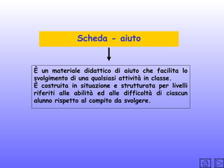Scheda - aiuto

È un materiale didattico di aiuto che facilita lo
svolgimento di una qualsiasi attività in classe.
È costruita in situazione e strutturata per livelli
riferiti alle abilità ed alle difficoltà di ciascun
alunno rispetto al compito da svolgere.

 