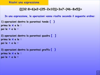 Risolvi una espressione

{[(32:8+6)x2+(25-2x10)]+3x7-(46-8x5)}=
In una espressione, le operazioni vanno risolte secondo il seguente ordine:
1) operazioni dentro le parentesi tonde
prima le x e le :
poi le + e le –

( )

2) operazioni dentro la parentesi quadra
prima le x e le :
poi le + e le –

[ ]

3) operazioni dentro la parentesi graffa
prima le x e le :
poi le + e le –

{ }

 