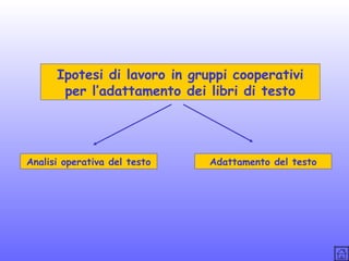 Ipotesi di lavoro in gruppi cooperativi
per l’adattamento dei libri di testo

Analisi operativa del testo

Adattamento del testo

 