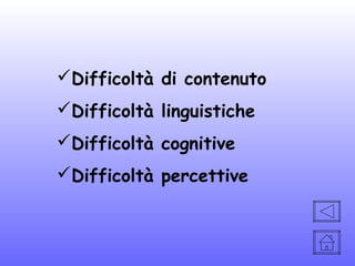 Difficoltà di contenuto
Difficoltà linguistiche
Difficoltà cognitive
Difficoltà percettive

 