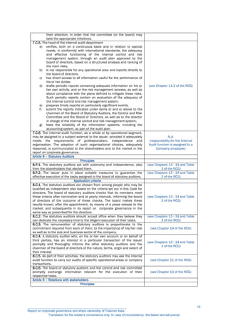 their attention, in order that the committee (or the board) may
take the appropriate initiatives.
7.C.5. The head of the internal audit department
a) verifies, both on a continuous basis and in relation to special
needs, in conformity with international standards, the adequacy
and effective functioning of the internal control and risk
management system, through an audit plan approved by the
board of directors, based on a structured analysis and ranking of
the main risks;
b) is not responsible for any operational area and reports directly to
the board of directors;
c) has direct access to all information useful for the performance of
his or her duties;
d) drafts periodic reports containing adequate information on his or
her own activity, and on the risk management process, as well as
about compliance with the plans defined to mitigate these risks.
Such periodic reports contain an evaluation of the adequacy of
the internal control and risk management system;
e) prepares timely reports on particularly significant events;
f) submit the reports indicated under items d) and e) above to the
chairmen of the Board of Statutory Auditors, the Control and Risk
Committee and the Board of Directors, as well as to the director
in charge of the internal control and risk management system;
g) tests the reliability of the information systems, including the
accounting system, as part of the audit plan.
(see Chapter 11.2 of the RCG)
7.C.6. The internal audit function, as a whole or by operational segment,
may be assigned to a subject external to the issuer, provided it adequately
meets the requirements of professionalism, independence and
organisation. The adoption of such organisational choices, adequately
reasoned, is communicated to the shareholders and to the market in the
report on corporate governance.
N.A.
(responsibility for the Internal
Audit function is assigned to a
Company employee)
Article 8 – Statutory Auditors
Principles
8.P.1. The statutory auditors act with autonomy and independence, also
from the shareholders that elected them.
(see Chapters 13 - 14 and Table
3 of the RCG)
8.P.2. The issuer puts in place suitable measures to guarantee the
effective execution of the tasks assigned to the board of statutory auditors.
(see Chapters 13 - 14 and Table
3 of the RCG)
Application criteria
8.C.1. The statutory auditors are chosen from among people who may be
qualified as independent also based on the criteria set out in this Code for
directors. The board of statutory auditors checks that its members meet
these criteria after nomination and at yearly intervals, informing the board
of directors of the outcome of these checks. The board makes these
results known, after the appointment, by means of a press release to the
market, and subsequently in its report on corporate governance in the
same way as prescribed for the directors.
(see Chapters 13 - 14 and Table
3 of the RCG)
8.C.2. The statutory auditors should accept office when they believe they
can dedicate the necessary time to the diligent execution of their tasks.
(see Chapters 13 - 14 and Table
3 of the RCG)
8.C.3. The remuneration of statutory auditors is proportionate to the
commitment required from each of them, to the importance of his/her role
as well as to the size and business sector of the company.
(see Chapter 14 of the RCG)
8.C.4. A statutory auditor who, on his or her own account or on behalf of
third parties, has an interest in a particular transaction of the issuer
promptly and thoroughly informs the other statutory auditors and the
chairman of the board of directors of the nature, terms, origin and extent of
their interest.
(see Chapters 13 - 14 and Table
3 of the RCG)
8.C.5. As part of their activities, the statutory auditors may ask the internal
audit function to carry out audits of specific operational areas or company
transactions.
(see Chapter 11 of the RCG)
8.C.6. The board of statutory auditors and the control and risk committee
promptly exchange information relevant for the execution of their
respective tasks.
(see Chapter 10 of the RCG)
Article 9 – Relations with stakeholders
Principles
__________________________________________________________
Report on corporate governance and share ownership of Telecom Italia
Translation for the reader’s convenience only. In case of inconsistency, the Italian text will prevail
18
 