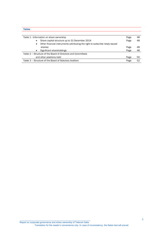 Tables
Table 1 - Information on share ownership
 Share capital structure up to 31 December 2014
 Other financial instruments (attributing the right to subscribe newly issued
shares)
 Significant shareholdings
Page
Page
Page
Page
48
48
48
48
Table 2 – Structure of the Board of Directors and Committees
and other positions held Page 50
Table 3 – Structure of the Board of Statutory Auditors Page 52
__________________________________________________________
Report on corporate governance and share ownership of Telecom Italia
Translation for the reader’s convenience only. In case of inconsistency, the Italian text will prevail
5
 