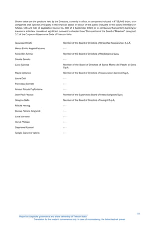 Shown below are the positions held by the Directors, currently in office, in companies included in FTSE/MIB index, or in
companies that operate principally in the financial sector in favour of the public (included in the slates referred to in
Articles 106 and 107 of Legislative Decree No. 385 of 1 September 1993) or in companies that perform banking or
insurance activities, considered significant pursuant to chapter three "Composition of the Board of Directors" paragraph
3.2 of the Corporate Governance Code of Telecom Italia.
Giuseppe Recchi Member of the Board of Directors of Unipol Sai Assicurazioni S.p.A.
Marco Emilio Angelo Patuano - - -
Tarak Ben Ammar Member of the Board of Directors of Mediobanca S.p.A.
Davide Benello - - -
Lucia Calvosa Member of the Board of Directors of Banca Monte dei Paschi di Siena
S.p.A.
Flavio Cattaneo Member of the Board of Directors of Assicurazioni Generali S.p.A.
Laura Cioli - - -
Francesca Cornelli - - -
Arnaud Roy de Puyfontaine - - -
Jean Paul Fitoussi Member of the Supervisory Board of Intesa Sanpaolo S.p.A.
Giorgina Gallo Member of the Board of Directors of Autogrill S.p.A.
Félicité Herzog - - -
Denise Patricia Kingsmill - - -
Luca Marzotto - - -
Hervé Philippe - - -
Stephane Roussel - - -
Giorgio Giannino Valerio - - -
__________________________________________________________
Report on corporate governance and share ownership of Telecom Italia
Translation for the reader’s convenience only. In case of inconsistency, the Italian text will prevail
51
 