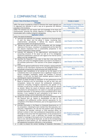2. COMPARATIVE TABLE
Article 1 Role of the Board of Directors Comply or explain
Principles
1.P.1. The issuer is guided by a board of directors that meets regularly and
is organised and operates in such a way as to guarantee the effective
execution of its functions.
(see Chapter 5. of the Report on
Corporate Governance and Share
Ownership - RCG)
1.P.2. The directors act and resolve with full knowledge of the facts and
autonomously, pursuing the priority objective of creating value for the
shareholders with a medium-long term perspective.
(see Chapters 5.3 and 5.4. of the
RCG)
Application criteria
1.C.1. The board of directors:
a) examines and approves the strategic, operational and financial plans
of both the issuer and the group it heads, monitoring their
implementation periodically; it defines the issuer’s corporate
governance system and the group structure;
(see Chapter 5.3 of the RCG)
b) defines the nature and level of risk compatible with the strategic
objectives of the issuer, including in its assessments all the risks that
can assume importance from a sustainability perspective in the
medium-long period of issuer activity;
(see Chapter 5.3 of the RCG)
c) evaluate the adequacy of the organizational, administrative and
accounting structure of the issuer as well as of its strategically
significant subsidiaries in particular with regard to the internal control
system and risk management;
(see Chapters 5.3 and 11. - RCG)
d) specifies the frequency, in any case no less than once every three
months, with which the delegated bodies must report to the Board on
the activities performed in the exercise of the powers delegated to
them;
(see Chapter 5.4 of the RCG)
e) evaluate the general performance of the company, paying particular
attention to the information received from the delegated bodies and
periodically comparing the results achieved with those planned;
(see Chapters 5.3 and 5.4. of the
RCG)
F) resolves upon transactions to be carried out by the issuer or its
subsidiaries when such transactions have a significant impact on the
issuer’s strategies, profitability, assets and liabilities or financial
position; to this end, the Board shall establish general criteria for
identifying the material transactions;
(see Chapter 5.3 of the RCG)
g) perform at least annually an evaluation of the performance of the
Board of Directors and its Committees, as well as their size and
composition, taking into account the professional competence,
experience (including managerial experience) and gender of its
members, as well as the number of years for which they have served
as director. Where the board of directors avails itself of external
consultants for self-assessment, the report on corporate governance
provides information on the identity of such consultants and on other
services, if any, supplied by such consultants to the issuer or to
companies having a control relationship with the issuer;
(see Chapters 5.3 and Table 2. of
the RCG)
H) taking into account the outcome of the evaluation mentioned under
the previous item g), reports to shareholders its view on the
managerial and professional profiles deemed appropriate for the
composition of the Board of Directors, prior to the appointment of the
new board;
(see Chapter 5.3 of the RCG)
I) provides information in the Report on Corporate Governance on: (1)
its composition, indicating for each member their title (executive, non-
executive, independent), the role that they perform within the Board
of Directors (for example, chairman or chief executive officer, as
defined in article 2), their main professional characteristics as well as
the length of time since their first appointment; (2) the procedures for
applying this article 1 and, in particular, the number and average
duration of meetings of the board and of the executive committee, if
there is one, held during the fiscal year, as well as the corresponding
attendance of each director; (3) the methods used to carry out the
self-assessment procedure referred to in item g) above;
(see Chapters 5.3 and 5.4. and
Table 2 of the RCG)
j) in order to ensure the correct handling of corporate information, (see Chapters 5.4 and 6 of the
__________________________________________________________
Report on corporate governance and share ownership of Telecom Italia
Translation for the reader’s convenience only. In case of inconsistency, the Italian text will prevail
8
 