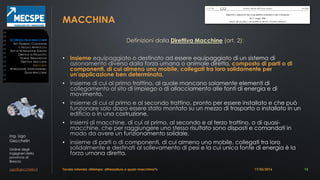 Ing. Ugo
Gecchelin
Ordine degli
Ingegneri della
provincia di
Brescia
ugo@gecchelin.it
MACCHINA
Definizioni dalla Direttiva Macchine (art. 2):
• insieme
composto di parti o di
componenti, di cui almeno uno mobile, collegati tra loro solidamente per
un'applicazione ben determinata
•
•
•
•
Tavola rotonda: «Stampo: attrezzatura o quasi-macchina?» 13
SICUREZZADELLEMACCHINE
ATTI GIURIDICI COMUNITARI
IL NUOVO APPROCCIO
ENTI DI NORMAZIONE EUROPEI
DIRETTIVE DI PRODOTTO
NORME ARMONIZZATE
DIRETTIVA MACCHINE
MACCHINE
ATTREZZATURE INTERCAMBIABILI
QUASI-MACCHINE
17/03/2016
 
