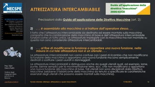 Ing. Ugo
Gecchelin
Ordine degli
Ingegneri della
provincia di
Brescia
ugo@gecchelin.it
ATTREZZATURA INTERCAMBIABILE
Precisazioni dalla Guida all’applicazione delle Direttiva Macchine (art. 2):
2) . . . è assemblato alla macchina o al trattore dall’operatore stesso. . .
3) . . . al fine di modificarne la funzione o apportare una nuova funzione, nella
misura in cui tale attrezzatura non è un utensile . . .
Tavola rotonda: «Stampo: attrezzatura o quasi-macchina?» 16
SICUREZZADELLEMACCHINE
ATTI GIURIDICI COMUNITARI
IL NUOVO APPROCCIO
ENTI DI NORMAZIONE EUROPEI
DIRETTIVE DI PRODOTTO
NORME ARMONIZZATE
DIRETTIVA MACCHINE
MACCHINE
ATTREZZATURE INTERCAMBIABILI
QUASI-MACCHINE
17/03/2016
 