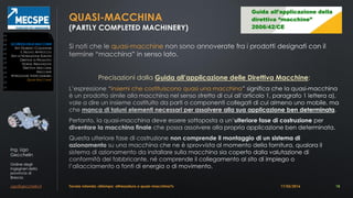 Ing. Ugo
Gecchelin
Ordine degli
Ingegneri della
provincia di
Brescia
ugo@gecchelin.it
QUASI-MACCHINA
(PARTLY COMPLETED MACHINERY)
quasi-macchine
Precisazioni dalla Guida all’applicazione delle Direttiva Macchine:
insiemi che costituiscono quasi una macchina
Tavola rotonda: «Stampo: attrezzatura o quasi-macchina?» 18
SICUREZZADELLEMACCHINE
ATTI GIURIDICI COMUNITARI
IL NUOVO APPROCCIO
ENTI DI NORMAZIONE EUROPEI
DIRETTIVE DI PRODOTTO
NORME ARMONIZZATE
DIRETTIVA MACCHINE
MACCHINE
ATTREZZATURE INTERCAMBIABILI
QUASI-MACCHINE
17/03/2016
 