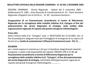 BOLLETTINO UFFICIALE DELLA REGIONE CAMPANIA - N. 63 DEL 5 DICEMBRE 2005 
REGIONE CAMPANIA - Giunta Regionale - Seduta del 4 novembre 2005 - 
Deliberazione N. 1485 – Area Generale di Coordinamento N. 19 - Piano Sanitario 
Regionale e Rapporti con le UU.SS.LL. - N. 20 – Assistenza Sanitaria – 
Assegnazione di un finanziamento straordinario al Centro di Riferimento 
Regionale per la sorveglianza delle malattie infettive A.O. Cotugno al fine del 
potenziamento dei servizi diagnostici di virologia, nello ambito della 
organizzazione regionale di risposta alle grandi emergenze infettivologiche. 
Preso atto 
Della richiesta della A.O. “Cotugno”, prot. n. 0010719/05 del 12.10.2005, che, al 
fine di predisporre adeguati mezzi per fronteggiare le emergenze di cui sopra e di 
fornirsi di un livello di contenimento 3 (Physical Containment Level - PCL 3)…… 
DELIBERA 
per i motivi espressi in premessa e che qui si intendono integralmente riportati : 
assegnare, a valere sulle disponibilità del capitolo 7092/05 UPB 4.15.38, un 
finanziamento straordinario al Centro di Riferimento Regionale per la 
sorveglianza delle malattie infettive A.O. “Cotugno”, al fine del potenziamento 
dei servizi diagnostici di virologia, nell’ambito dell’organizzazione regionale di 
risposta alle grandi emergenze infettivologiche……………… 
 