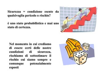 Sicurezza = condizione esente da 
qualsivoglia pericolo o rischio? 
è uno stato probabilistico e mai uno 
stato di certezza. 
Nel momento in cui crediamo 
di essere certi delle nostre 
condizioni di sicurezza, 
rischiamo di sottostimare il 
rischio cui siamo sempre e 
comunque potenzialmente 
esposti 
 