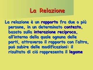 La Relazione
La relazione è un rapporto fra due o più
persone, in un determinato contesto,
basato sulla interazione reciproca,
all’interno della quale ognuna delle
parti, attraverso il rapporto con l’altra,
può subire delle modificazioni: il
risultato di ciò rappresenta il legame

 