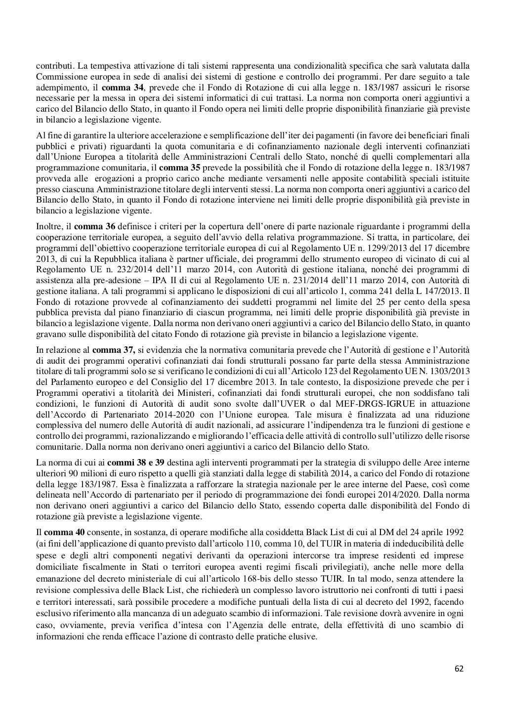 Relazione illustrativa legge di stabilità