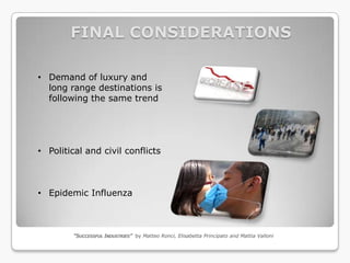 FINAL CONSIDERATIONS

• Demand of luxury and
  long range destinations is
  following the same trend




• Political and civil conflicts



• Epidemic Influenza



         “SUCCESSFUL INDUSTRIES” by Matteo Ronci, Elisabetta Principato and Mattia Valloni
 