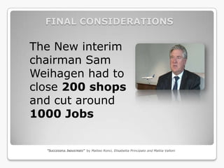 FINAL CONSIDERATIONS

The New interim
chairman Sam
Weihagen had to
close 200 shops
and cut around
1000 Jobs


  “SUCCESSFUL INDUSTRIES” by Matteo Ronci, Elisabetta Principato and Mattia Valloni
 