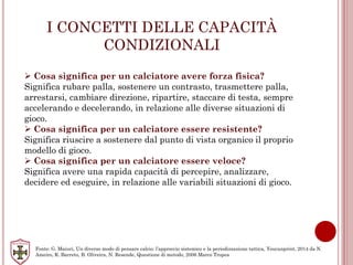 I CONCETTI DELLE CAPACITÀ
CONDIZIONALI
 Cosa significa per un calciatore avere forza fisica?
Significa rubare palla, sostenere un contrasto, trasmettere palla,
arrestarsi, cambiare direzione, ripartire, staccare di testa, sempre
accelerando e decelerando, in relazione alle diverse situazioni di
gioco.
 Cosa significa per un calciatore essere resistente?
Significa riuscire a sostenere dal punto di vista organico il proprio
modello di gioco.
 Cosa significa per un calciatore essere veloce?
Significa avere una rapida capacità di percepire, analizzare,
decidere ed eseguire, in relazione alle variabili situazioni di gioco.
Fonte: G. Maiuri, Un diverso modo di pensare calcio: l’approccio sistemico e la periodizzazione tattica, Youcanprint, 2014 da N.
Ameiro, R. Barreto, B. Oliveira, N. Resende, Questione di metodo, 2006 Marco Tropea
 