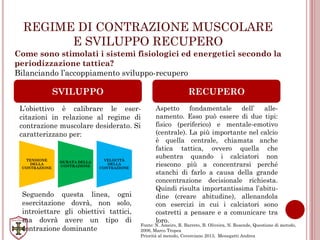 REGIME DI CONTRAZIONE MUSCOLARE
E SVILUPPO RECUPERO
L’obiettivo è calibrare le eser-
citazioni in relazione al regime di
contrazione muscolare desiderato. Si
caratterizzano per:
Aspetto fondamentale dell’ alle-
namento. Esso può essere di due tipi:
fisico (periferico) e mentale-emotivo
(centrale). La più importante nel calcio
è quella centrale, chiamata anche
fatica tattica, ovvero quella che
subentra quando i calciatori non
riescono più a concentrarsi perché
stanchi di farlo a causa della grande
concentrazione decisionale richiesta.
Quindi risulta importantissima l’abitu-
dine (creare abitudine), allenandola
con esercizi in cui i calciatori sono
costretti a pensare e a comunicare tra
loro.
SVILUPPO RECUPERO
Come sono stimolati i sistemi fisiologici ed energetici secondo la
periodizzazione tattica?
Bilanciando l’accoppiamento sviluppo-recupero
TENSIONE
DELLA
CONTRAZIONE
DURATA DELLA
CONTRAZIONE
VELOCITÀ
DELLA
CONTRAZIONE
Seguendo questa linea, ogni
esercitazione dovrà, non solo,
introiettare gli obiettivi tattici,
ma dovrà avere un tipo di
contrazione dominante
Fonte: N. Ameiro, R. Barreto, B. Oliveira, N. Resende, Questione di metodo,
2006, Marco Tropea
Priorità al metodo, Coverciano 2013, Menegatti Andrea
 