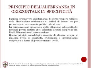 PRINCIPIO DELL’ALTERNANZA IN
ORIZZONTALE IN SPECIFICITÀ
Significa promuovere un’alternanza di sforzo-recupero nell’arco
della distribuzione settimanale di carichi di lavoro, ciò per
permettere un adattamento positivo nei calciatori.
La periodizzazione tattica pone molta attenzione agli aspetti del
recupero perché ipotizza che i calciatori lavorino sempre ad alti
livelli di intensità e di concentrazione.
Questo principio metodologico consente di allenare sempre al
massimo livello di specificità, sviluppando e incrementando
sempre più la forma di gioco a differenti livelli .
Fonte: G. Maiuri, Un diverso modo di pensare calcio: l’approccio sistemico e la periodizzazione tattica, Youcanprint, 2014 da N.
Ameiro, R. Barreto, B. Oliveira, N. Resende, Questione di metodo, 2006 Marco Tropea
 