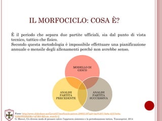IL MORFOCICLO: COSA È?
È il periodo che separa due partite ufficiali, sia dal punto di vista
tecnico, tattico che fisico.
Secondo questa metodologia è impossibile effettuare una pianificazione
annuale o mensile degli allenamenti perché non avrebbe senso.
MODELLO DI
GIOCO
ANALISI
PARTITA
SUCCESSIVA
ANALISI
PARTITA
PRECEDENTE
Fonte: http://www.slideshare.net/Livio027/morfociclo-patron-28902130?qid=3ac91d07-0a8a-421f-be0a-
b28b0892d6ab&v=qf1&b=&from_search=2
G. Maiuri, Un diverso modo di pensare calcio: l’approccio sistemico e la periodizzazione tattica, Youcanprint, 2014
 